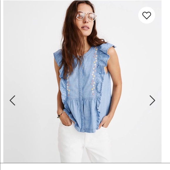 Madewell Floral Embroidered Denim Ruffle Top - Picture 3 of 8
